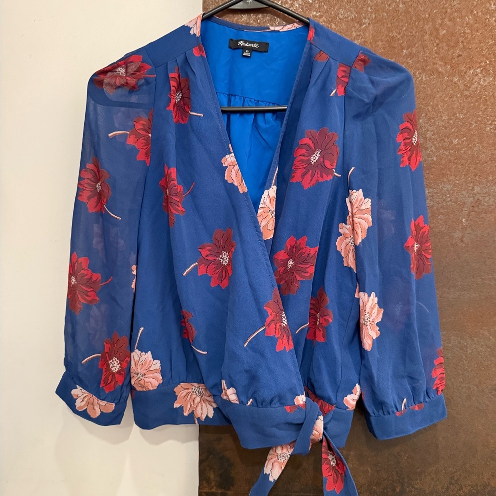Madewell Blue and Red Floral Wrap Blouse